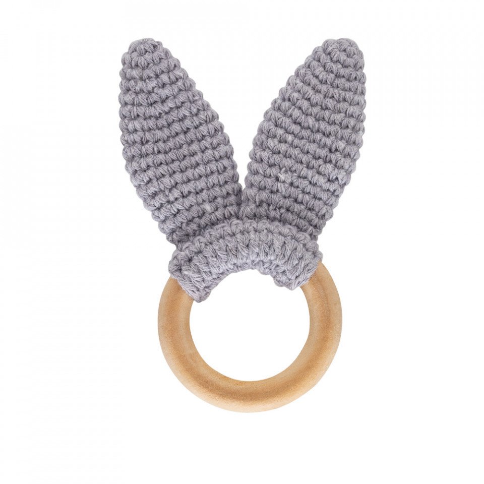 Jucarie dentitie din bumbac cu inel din lemn BabyJem Amigurumi (Culoare: Gri)