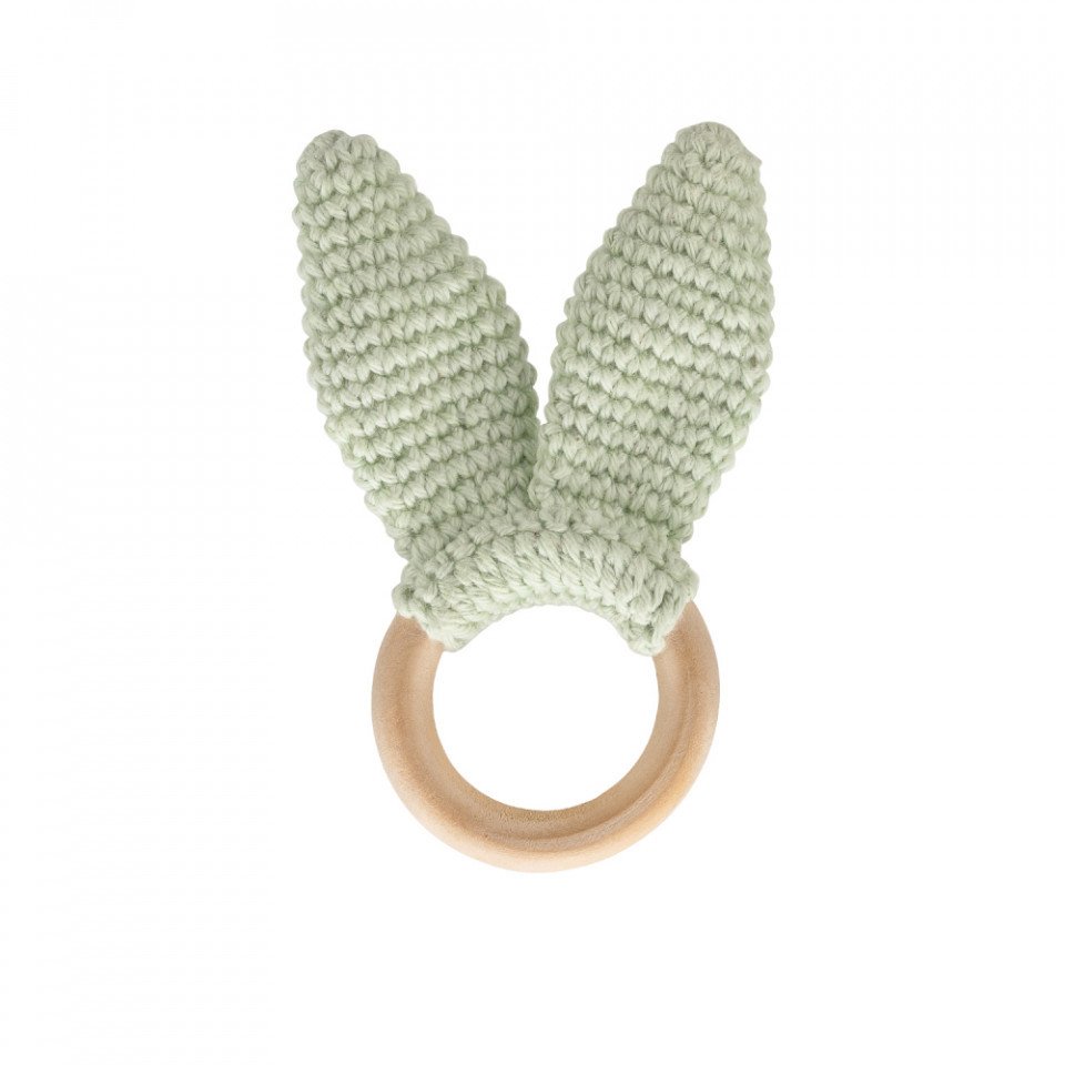 Jucarie dentitie din bumbac cu inel din lemn BabyJem Amigurumi (Culoare: Verde)