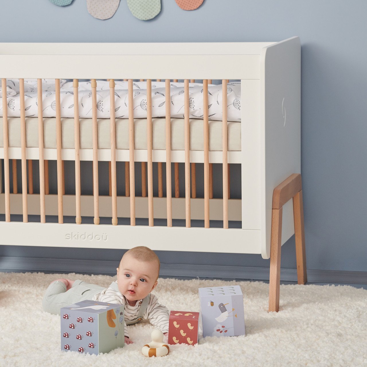 Patut transformabil copii Skiddou Krubb din lemn de fag/MDF, 60x120 cm, Puff Catcher, Alb - imagine 9