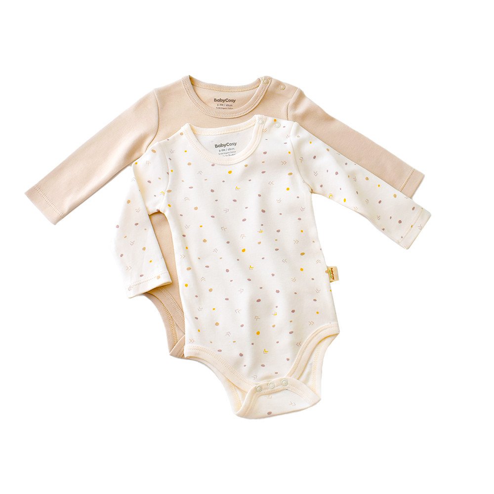 Set 2 body-uri cu maneca lunga bebe unisex -100% bumbac organic - Ecru cu buline