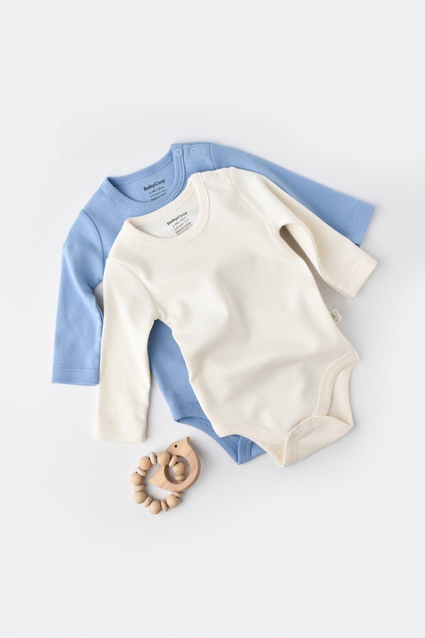 Set 2 body-uri cu maneca lunga bebe unisex -100% bumbac organic - Ecru/Bleu