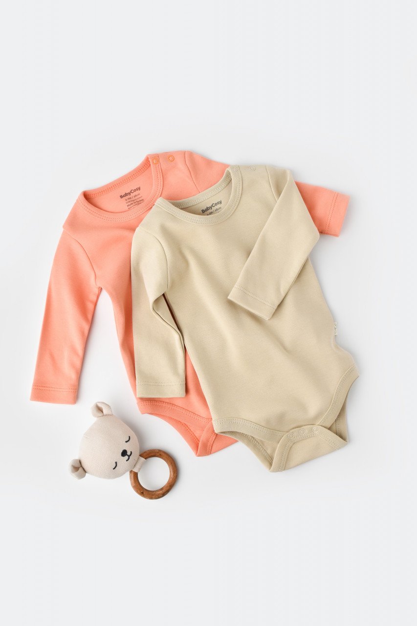 Set 2 body-uri cu maneca lunga bebe unisex -100% bumbac organic - Roz/Crem