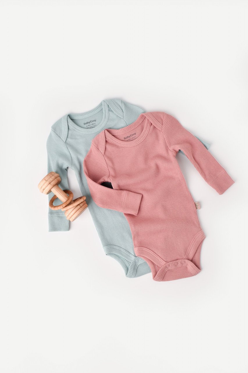 Set 2 body-uri cu maneca lunga bebe unisex din bumbac organic si modal - Mint/Rose