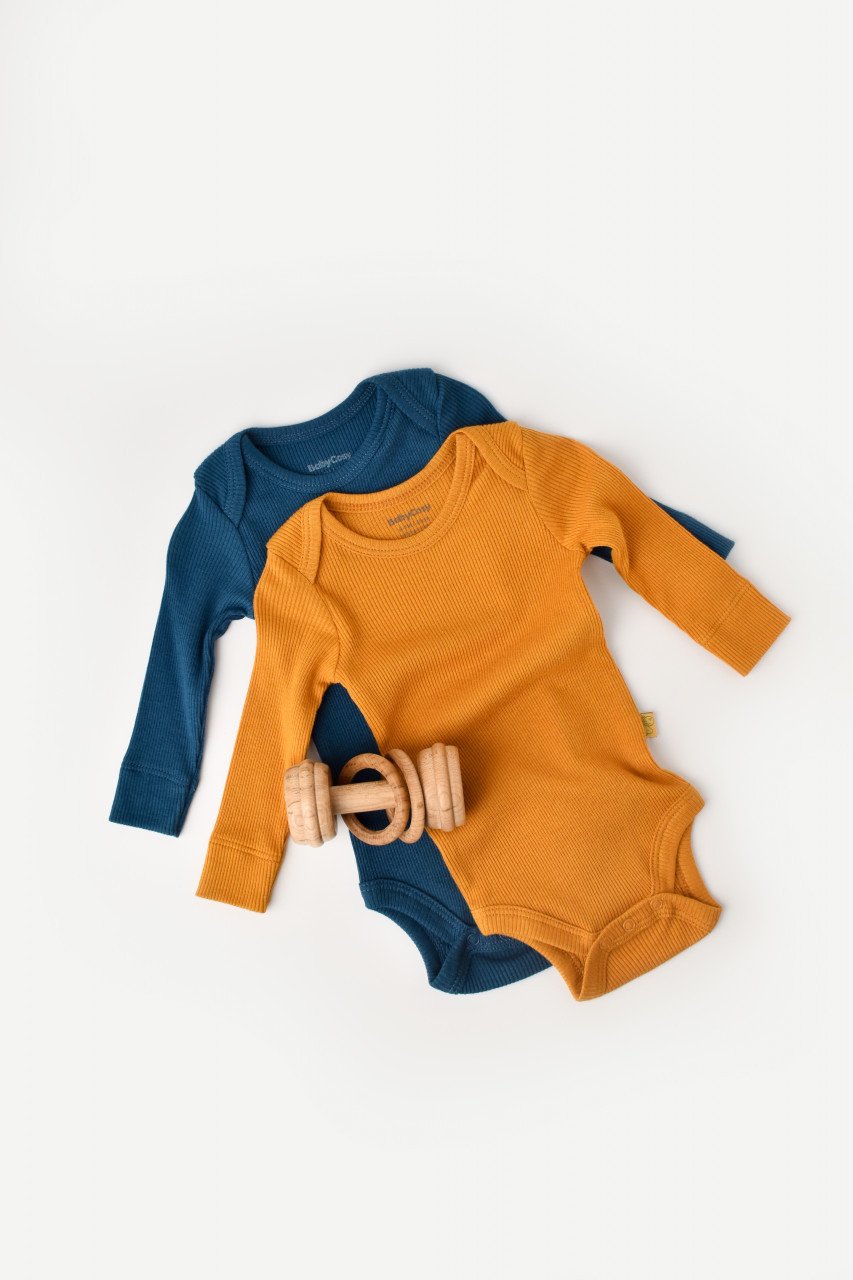 Set 2 body-uri cu maneca lunga bebe unisex din bumbac organic si modal - Bleumarin/Sofran