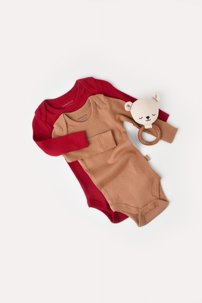 Set 2 body-uri cu maneca lunga bebe unisex din bumbac organic si modal - Maro/Rosu