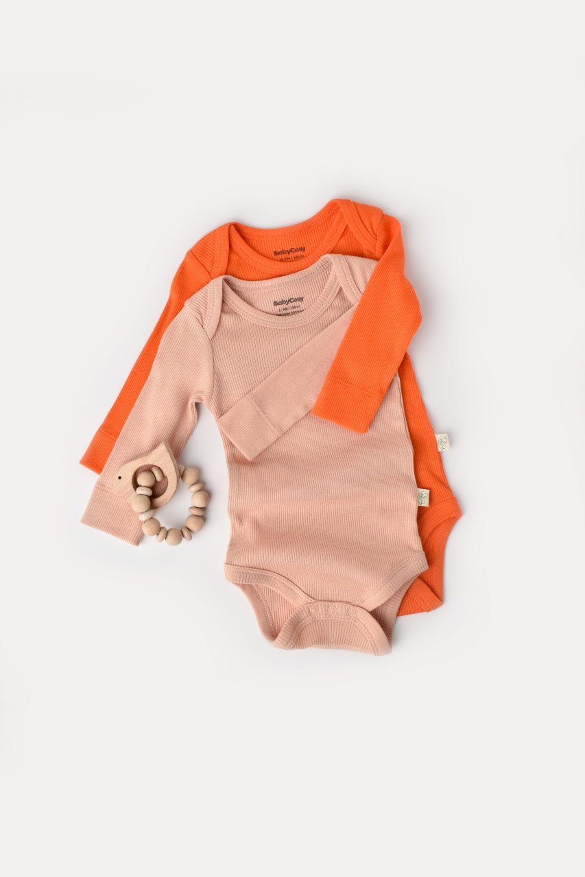 Set 2 body-uri cu maneca lunga bebe unisex din bumbac organic si modal - Rodie/Piersica