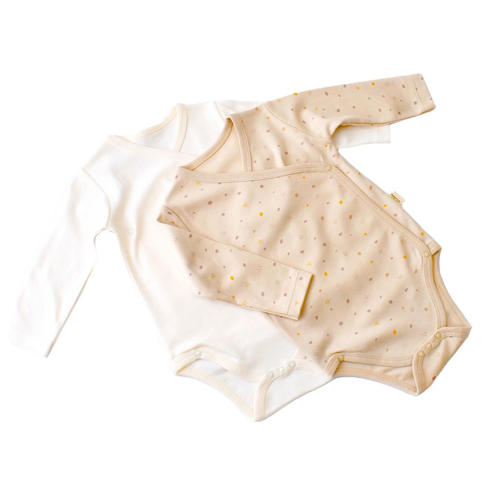Set 2 body-uri cu maneca lunga petreceute bebe unisex -100% bumbac organic - Crem cu buline