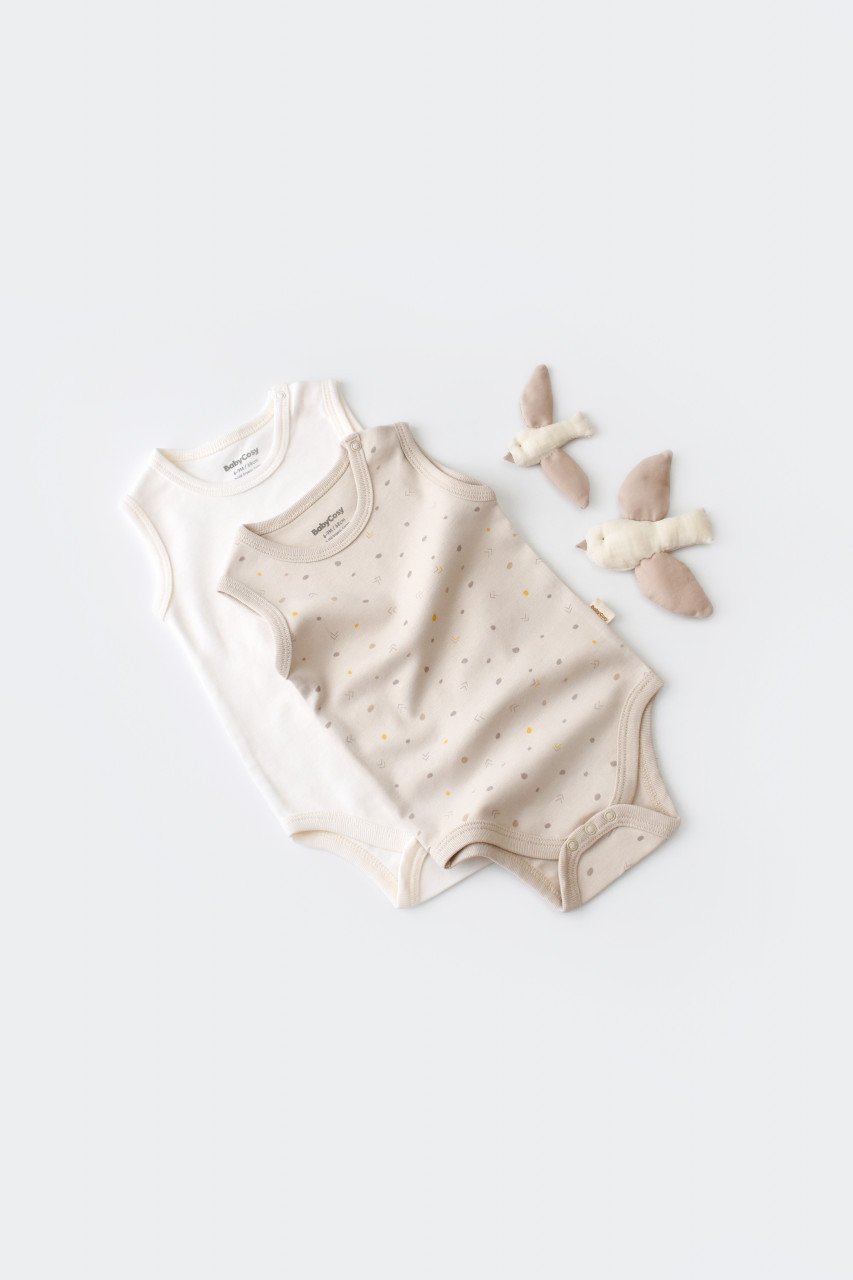 Set 2 body-uri fara maneci bebe unisex -100% bumbac organic - Crem cu buline