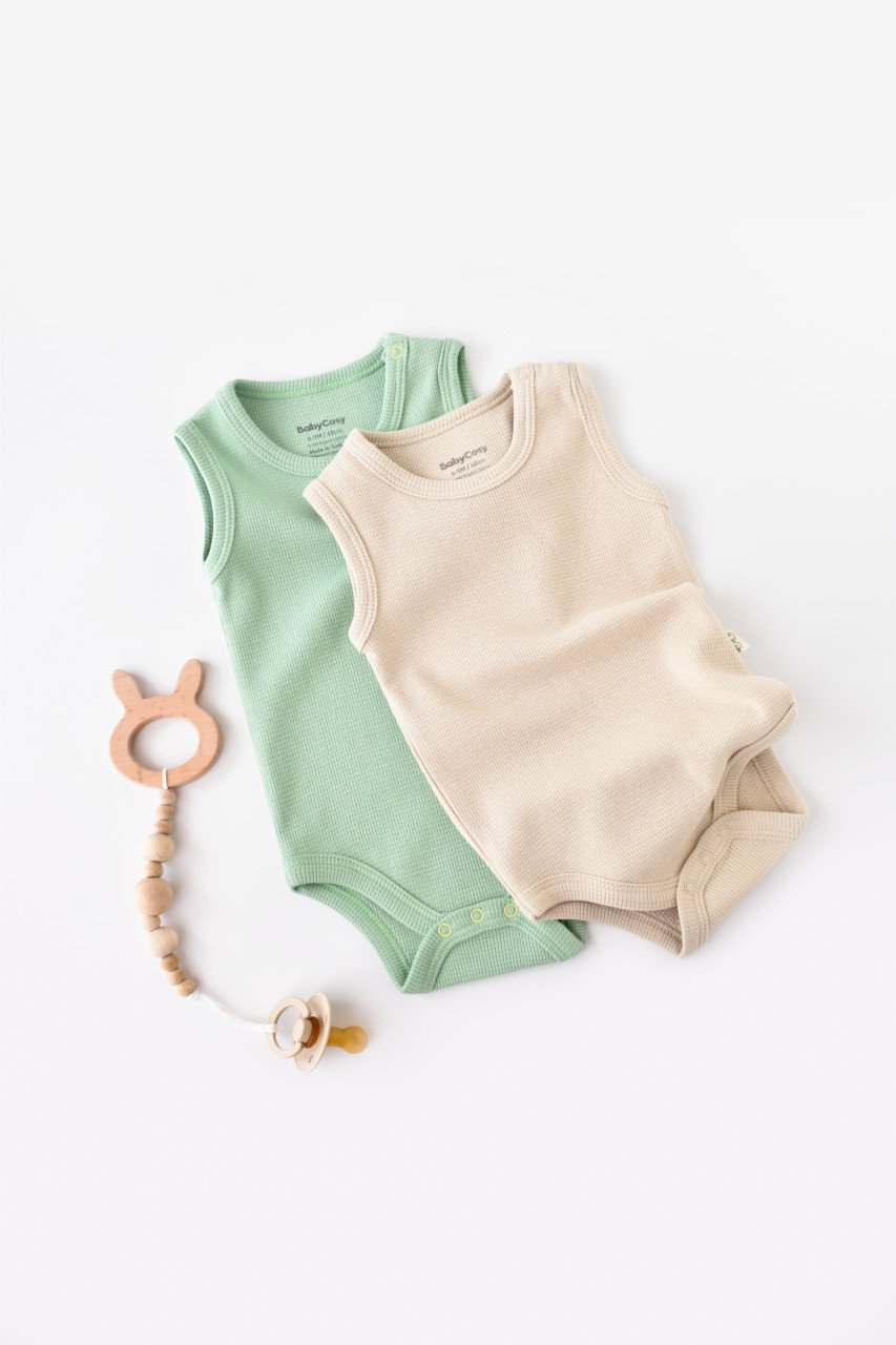 Set 2 body-uri fara maneci bebe unisex -100% bumbac organic - Mint/Stone