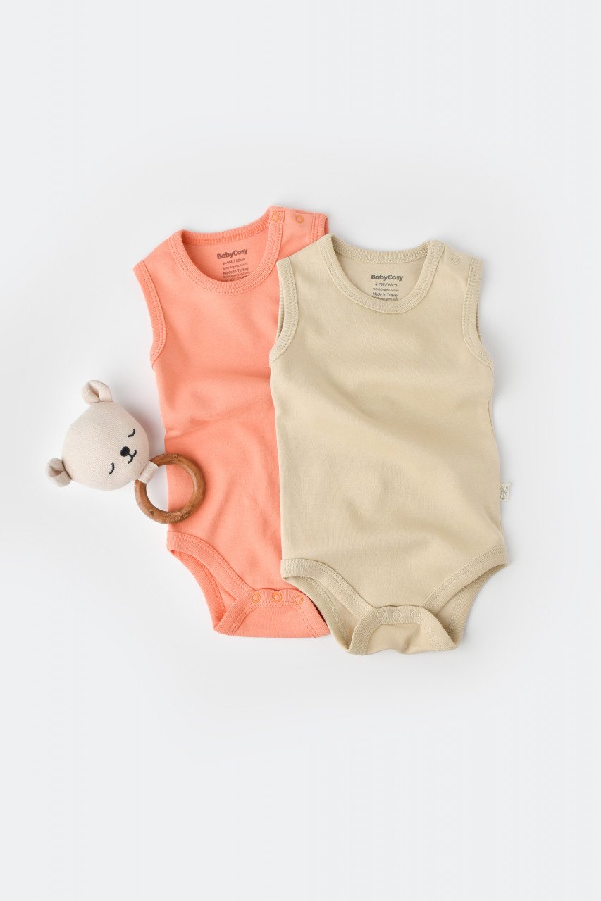 Set 2 body-uri fara maneci bebe unisex -100% bumbac organic - Roz/Crem