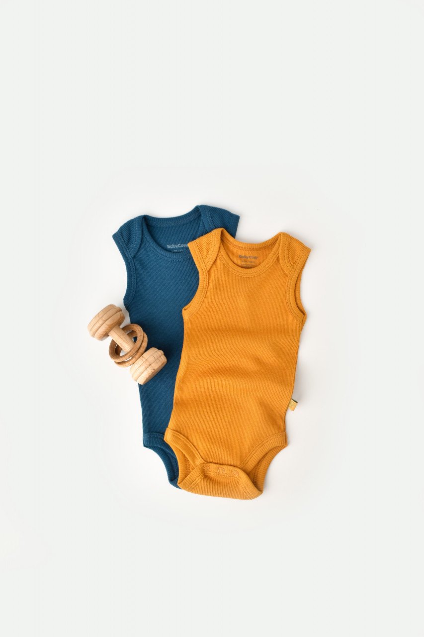 Set 2 body-uri fara maneci bebe unisex din bumbac organic si modal - Bleumarin/Sofran