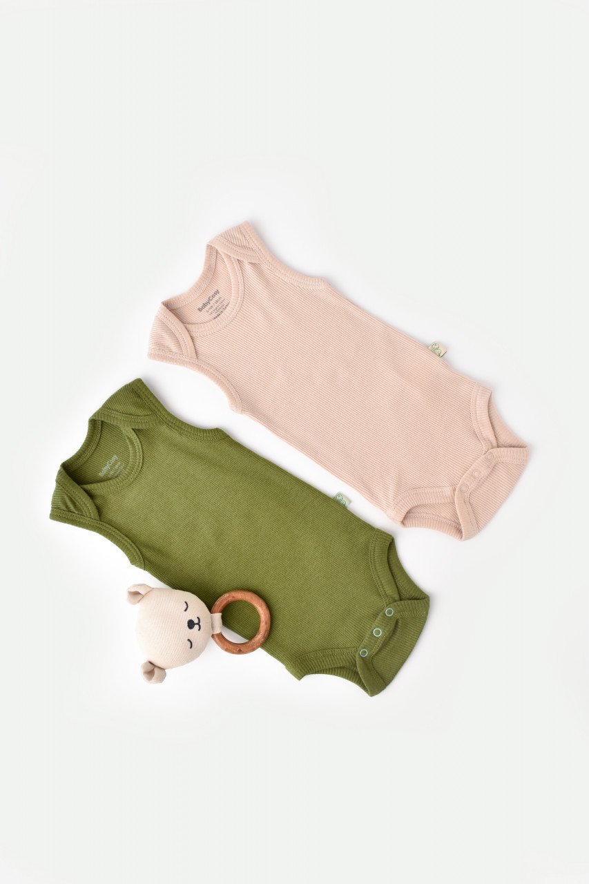 Set 2 body-uri fara maneci bebe unisex din bumbac organic si modal - Verde/Blush