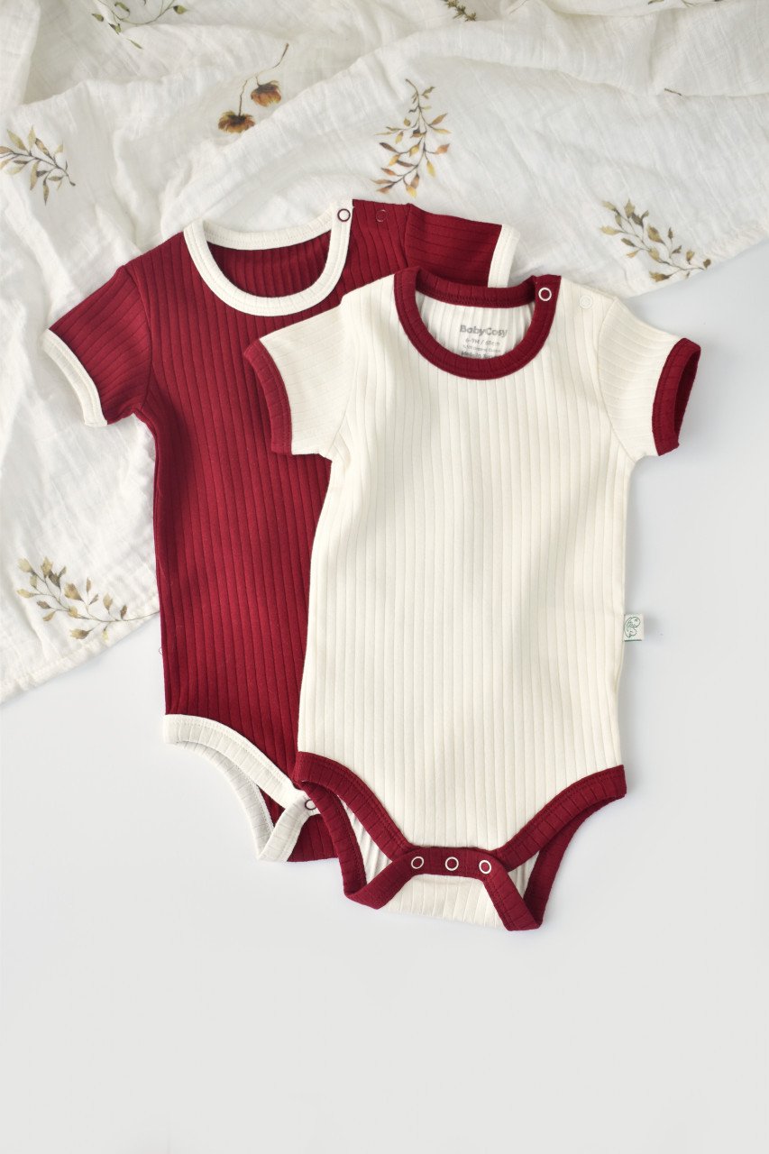 Set 2 body-uri Ribana Bebe Unisex din bumbac organic si 5%elastan - Ecru/Bordo