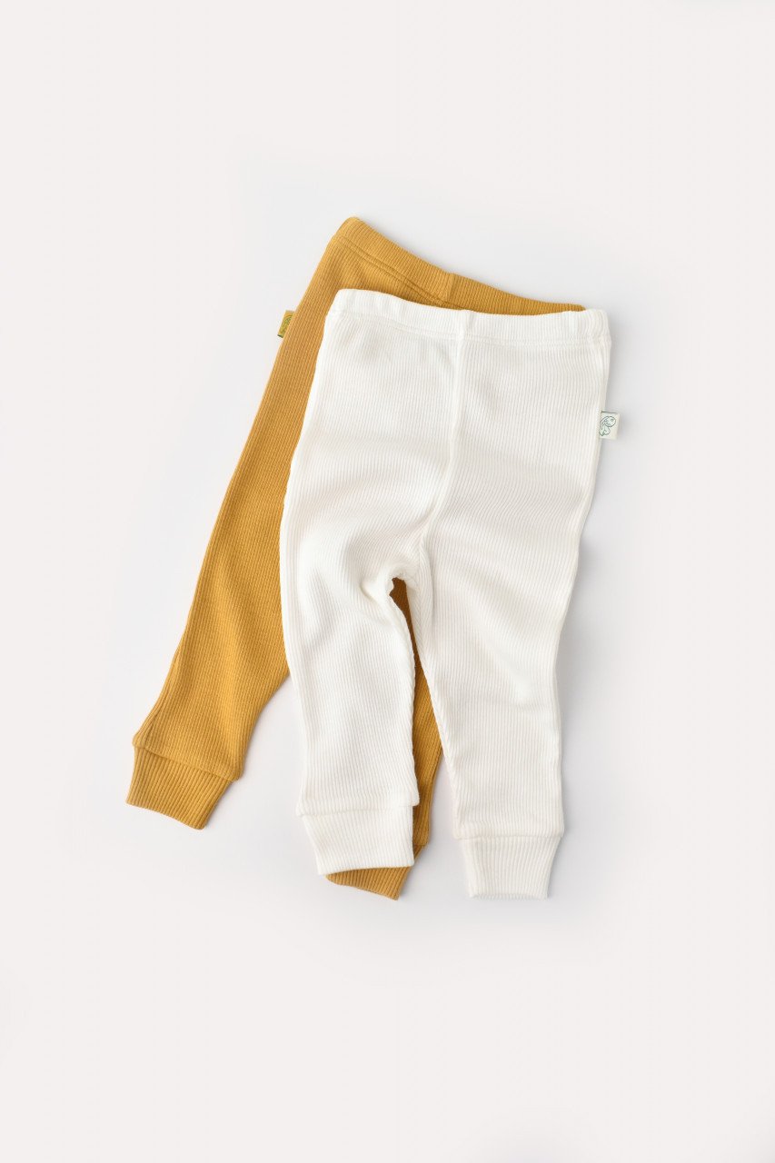 Set 2 pantaloni bebe unisex din bumbac organic si modal - Mustar/Ecru
