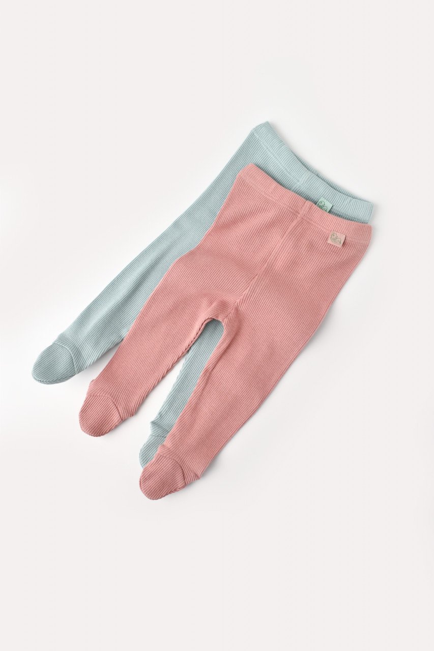Set 2 pantaloni cu botosei bebe unisex din bumbac organic si modal - Mint/Rose