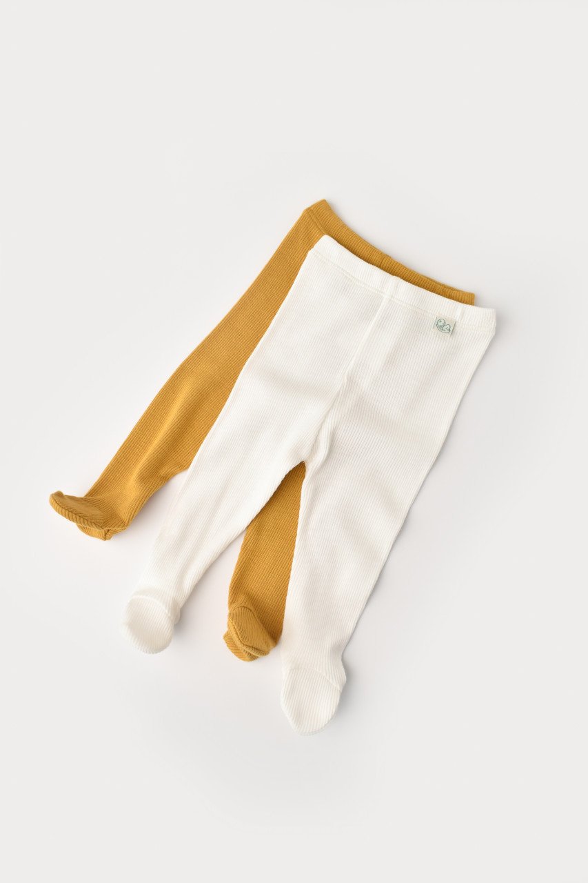 Set 2 pantaloni cu botosei bebe unisex din bumbac organic si modal - Mustar/Ecru