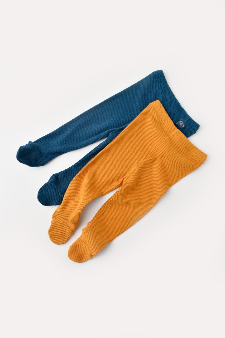 Set 2 pantaloni cu botosei bebe unisex din bumbac organic si modal - Bleumarin/Sofran
