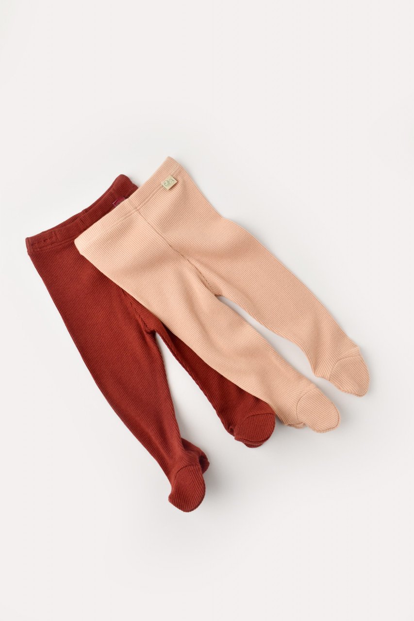 Set 2 pantaloni cu botosei bebe unisex din bumbac organic si modal - Caramiziu/Somon
