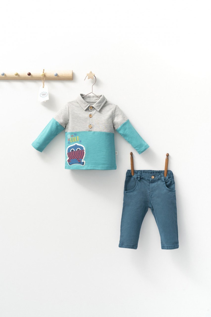 Set cu blugi si bluzita cu guleras pentru bebelusi Monster