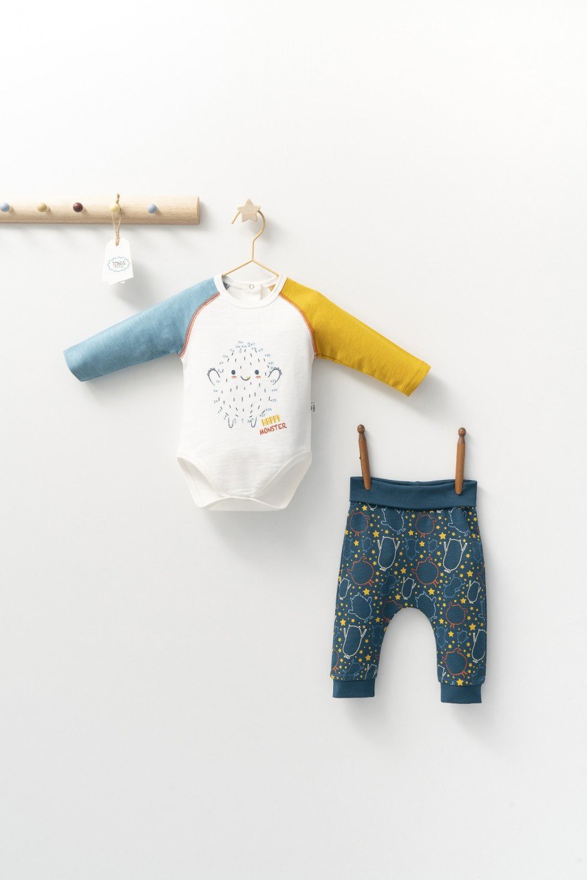 Set cu pantalonasi si body cu maneca lunga pentru bebelusi Monster