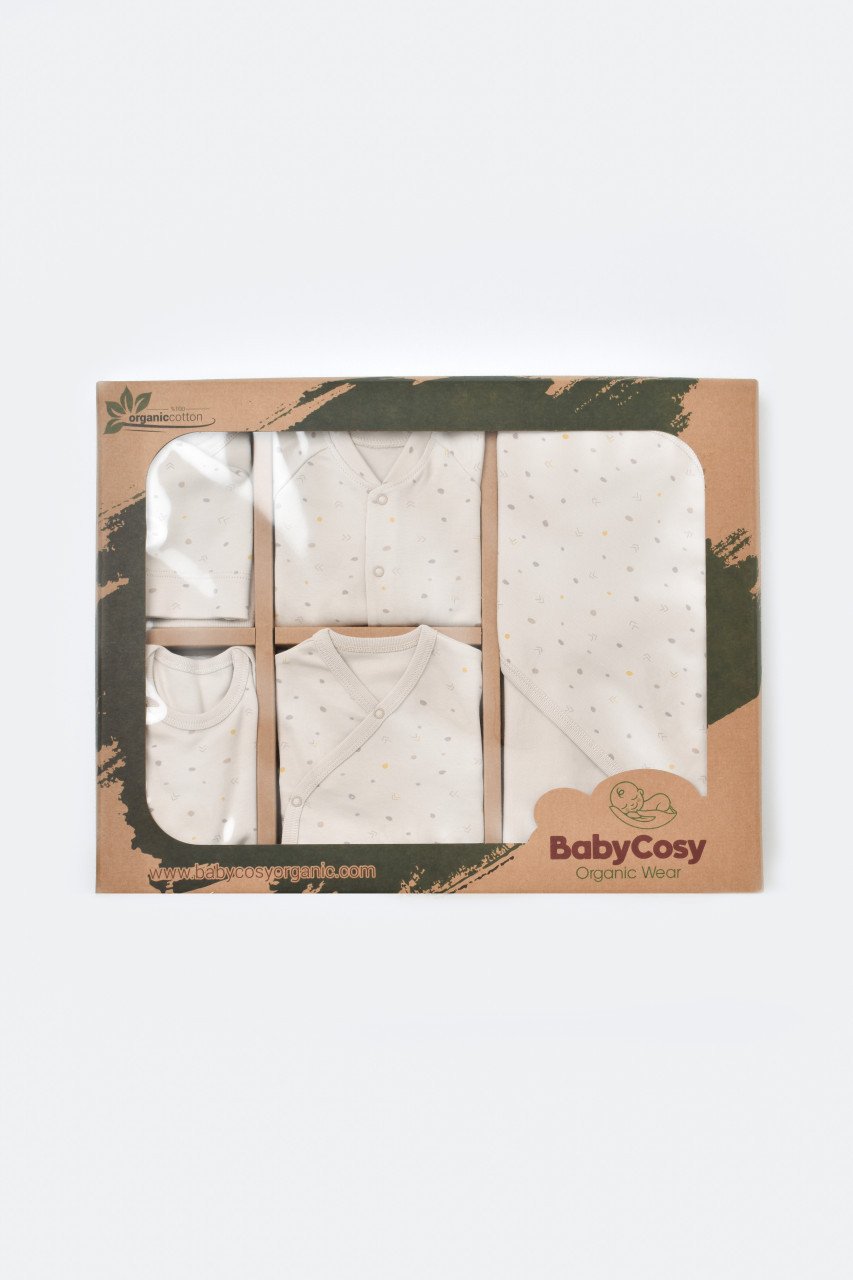Set de 10 piese pentru nou nascut - 100% bumbac organic - Crem cu buline