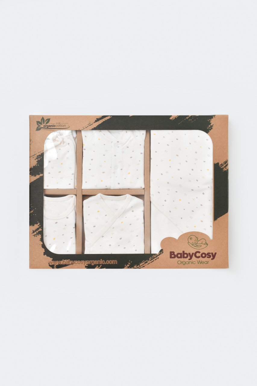 Set de 10 piese pentru nou nascut - 100% bumbac organic - Ecru cu buline