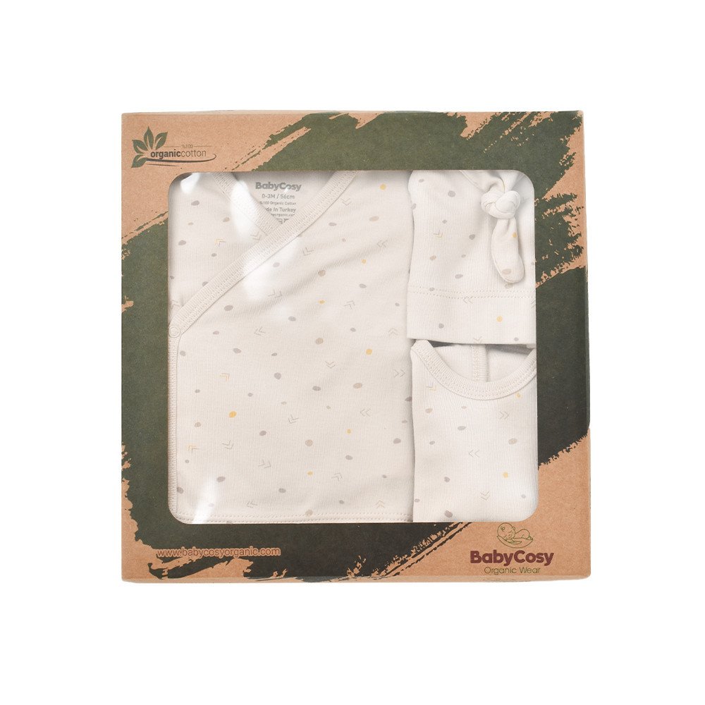 Set de 5 piese pentru nou nascut - 100% bumbac organic - Crem cu buline