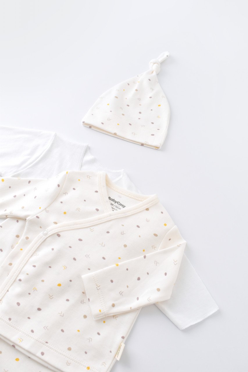 Set de 5 piese pentru nou nascut - 100% bumbac organic - Ecru cu buline, BabyCosy - imagine 3