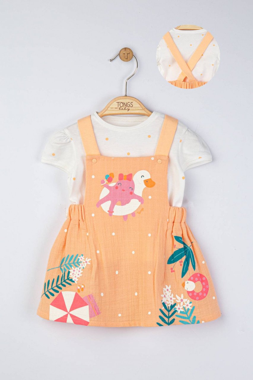 Set rochita din muselina cu tricou cu bulinute pentru fetite