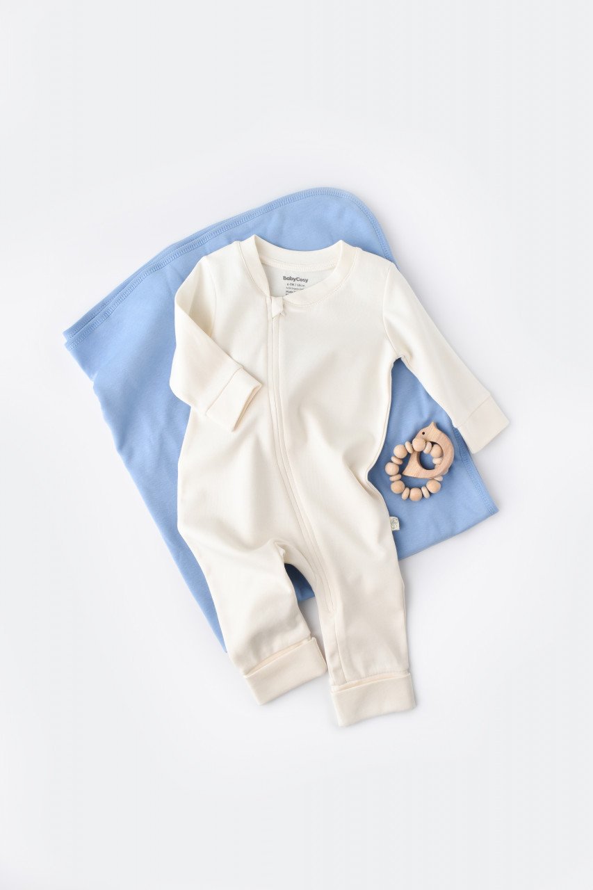 Salopeta cu fermoar cu maneca lunga si pantaloni lungi - 100%bumbac organic - Ecru