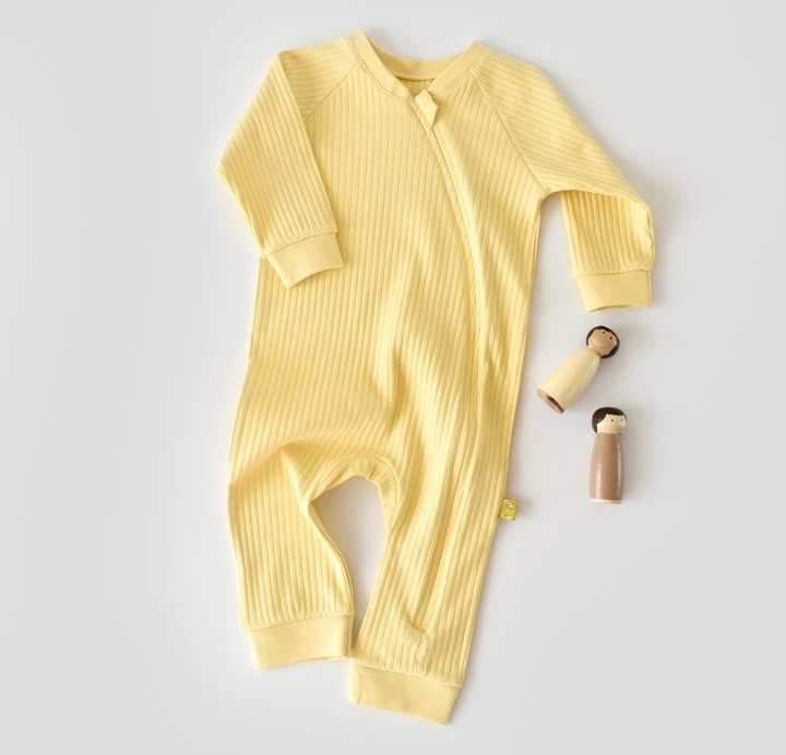 Salopeta cu fermoar cu maneca lunga si pantaloni lungi din 95%bumbac organic si 5% elastan - Galben