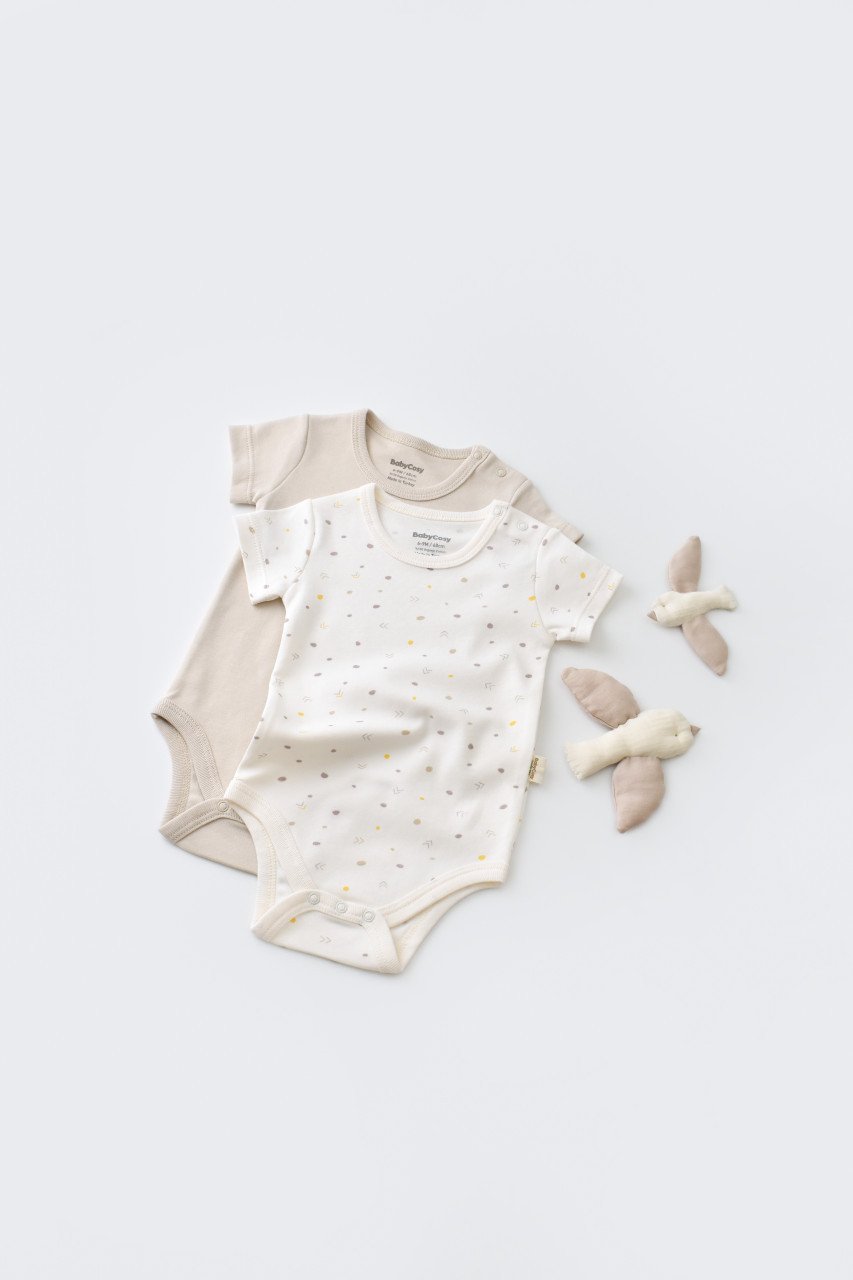 Set 2 body-uri bebe unisex -100% bumbac organic - Ecru cu buline