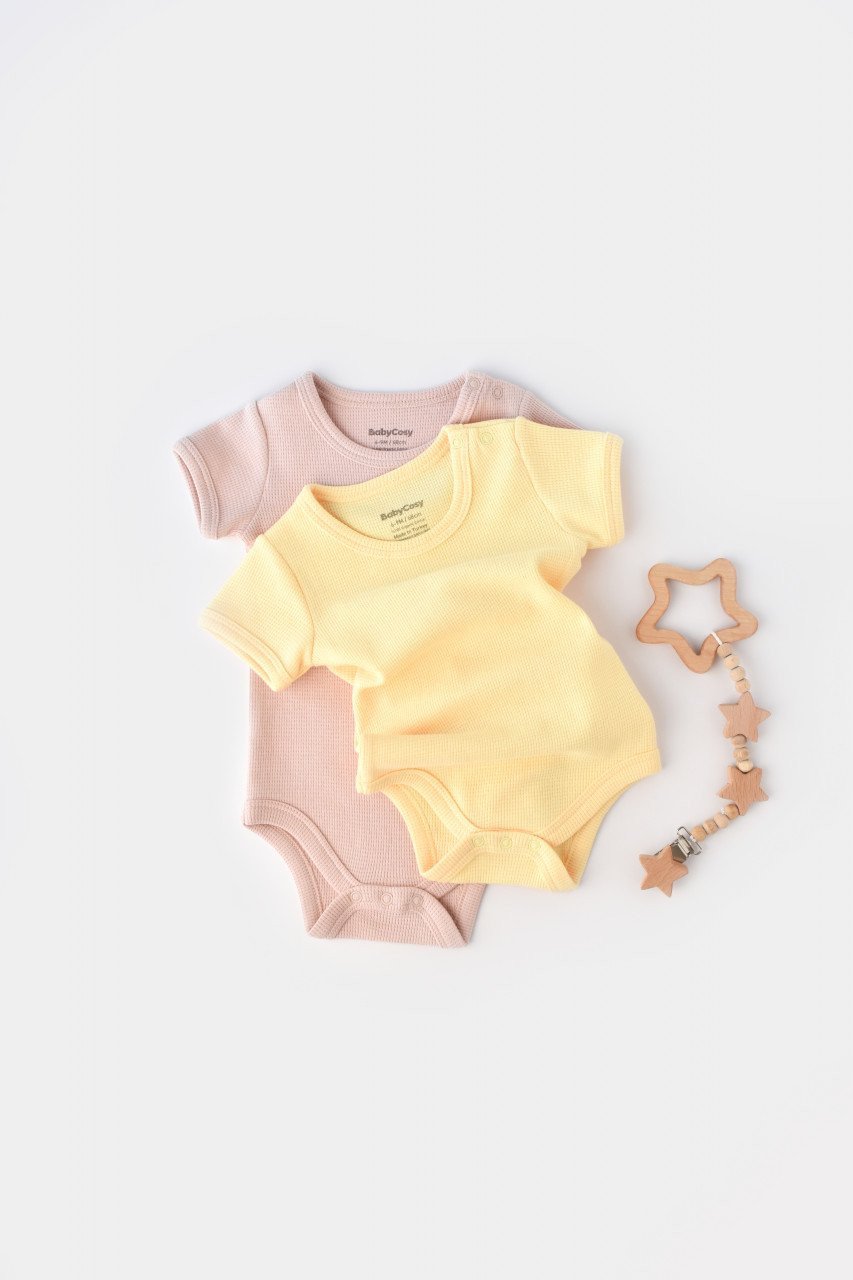 Set 2 body-uri bebe unisex -100% bumbac organic - Galben/Roz