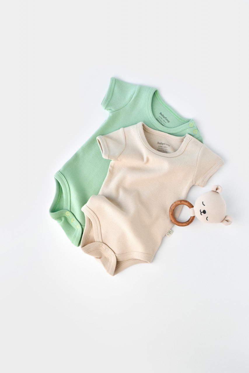 Set 2 body-uri bebe unisex -100% bumbac organic - Mint/Stone