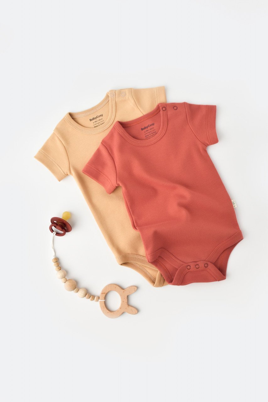 Set 2 body-uri bebe unisex -100% bumbac organic - Mustar/ Scortisoara