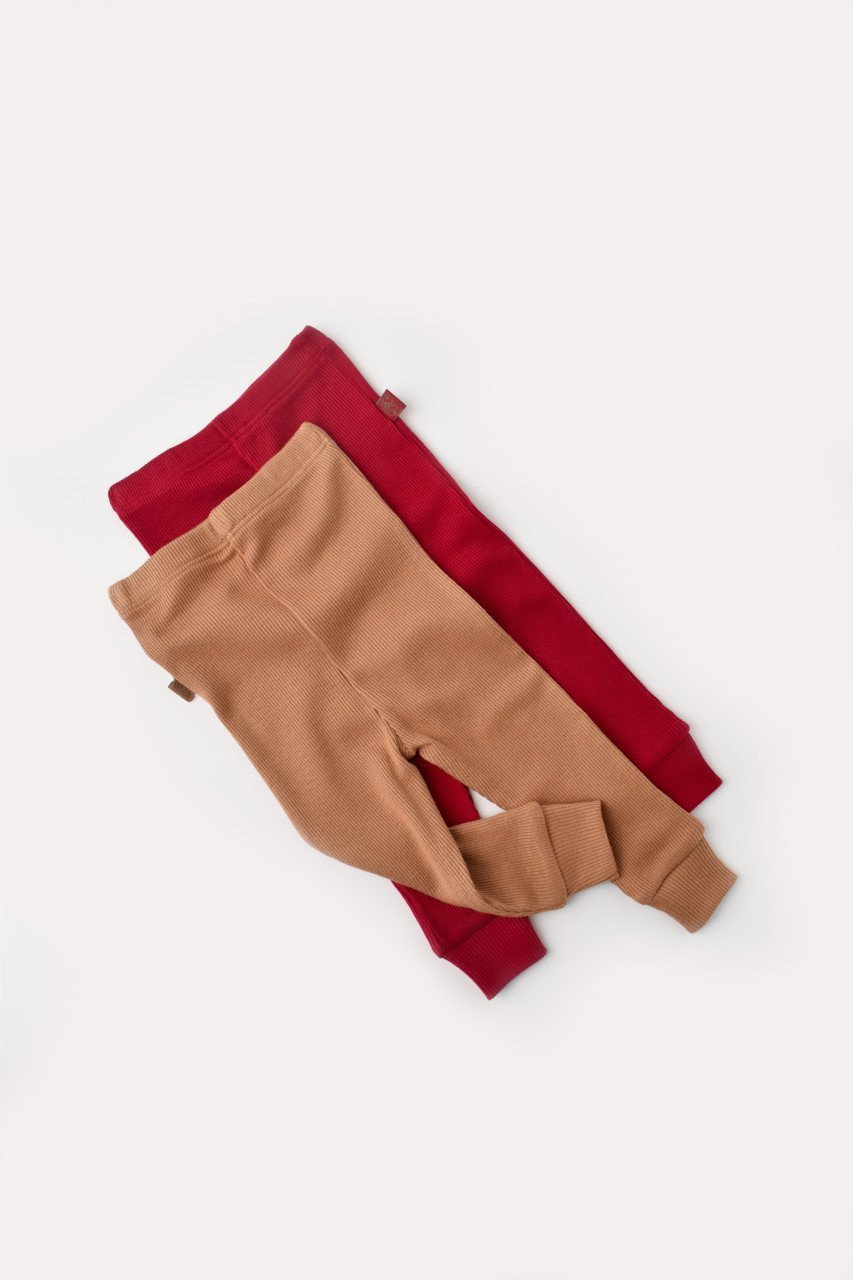 Set 2 pantaloni bebe unisex din bumbac organic si modal - Maro/Rosu