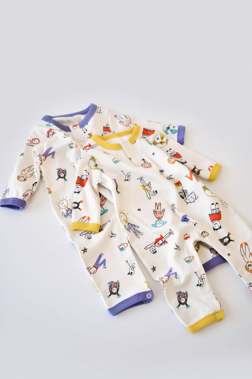 Set 2 salopetele cu maneca lunga si pantaloni lungi - 100%bumbac organic - Galben si Mov