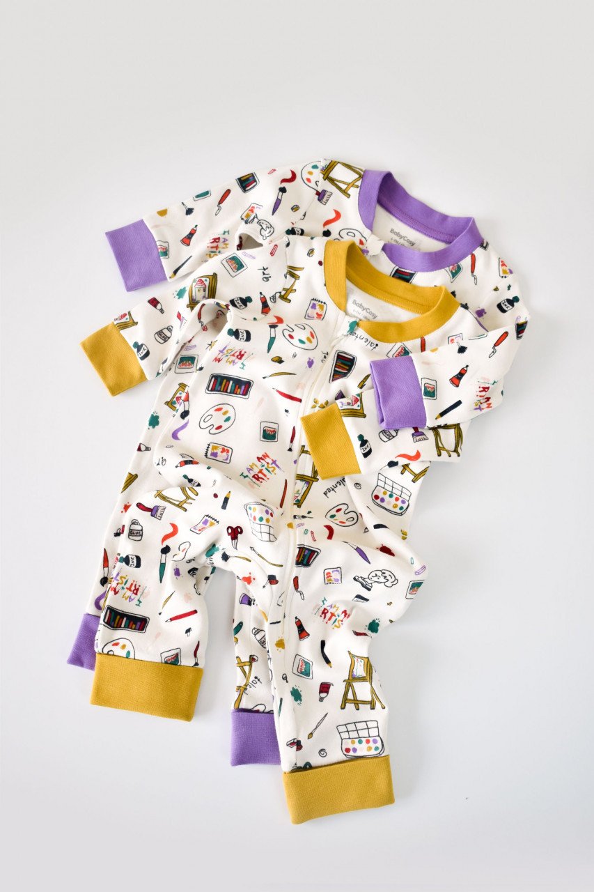 Set 2 salopetele cu maneca lunga si pantaloni lungi cu fermoar - 100%bumbac organic - Galben si Mov