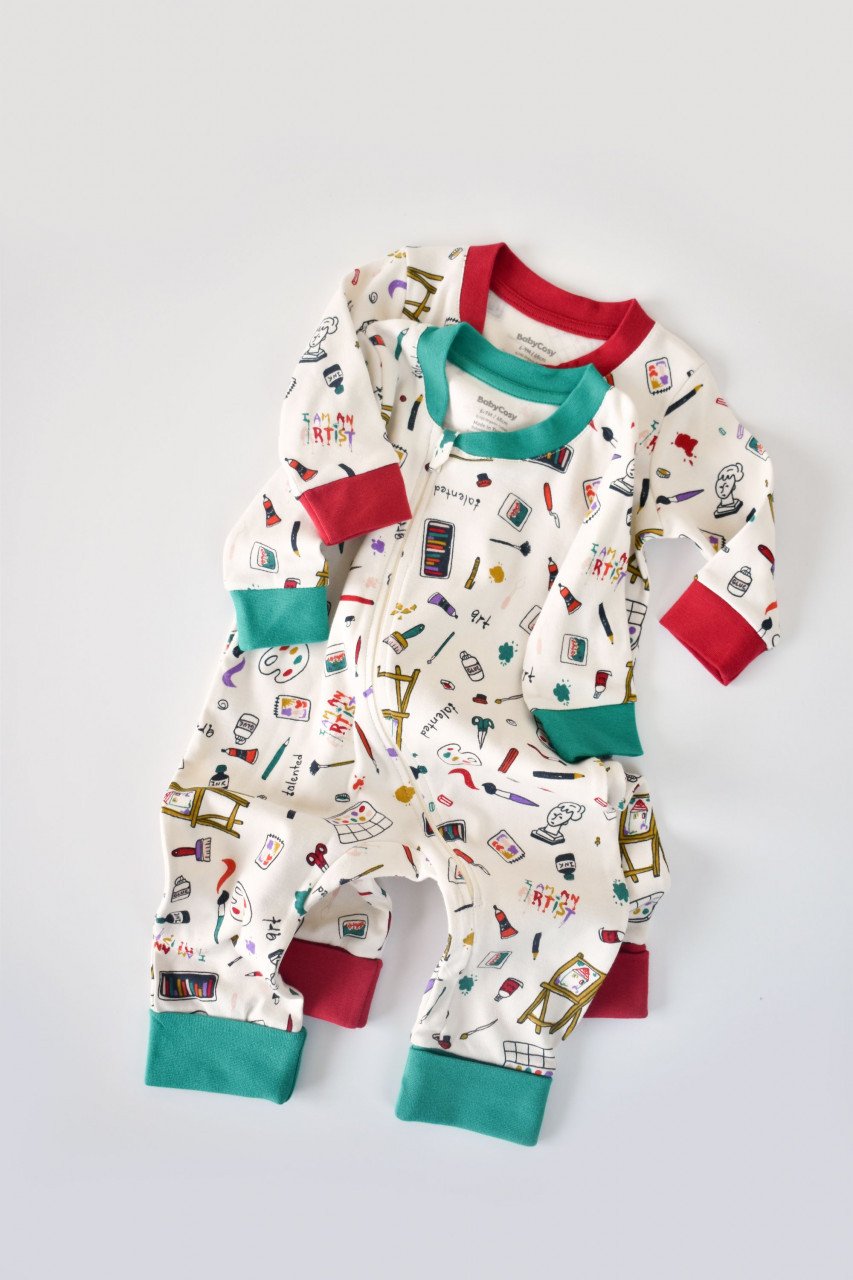 Set 2 salopetele cu maneca lunga si pantaloni lungi cu fermoar - 100%bumbac organic - Rosu si Verde
