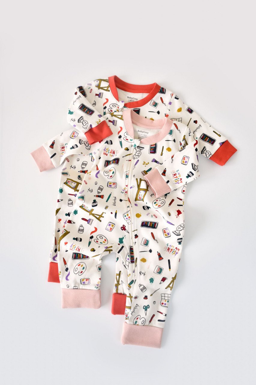 Set 2 salopetele cu maneca lunga si pantaloni lungi cu fermoar - 100%bumbac organic - Portocaliu si Pudra