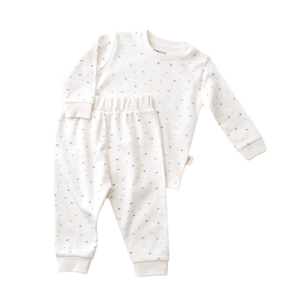 Set bluzita cu maneca lunga si pantaloni lungi - bumbac organic 100% - Ecru cu buline