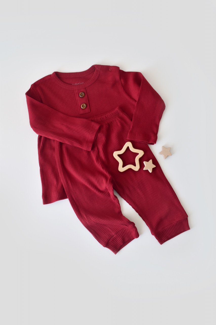 Set bluzita cu maneca lunga si pantaloni lungi din bumbac organic si modal - Rosu BabyCosy (Marime: 18-24 Luni)