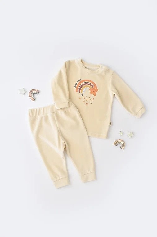 Set Curcubeu cu bluzita cu maneca lunga si pantaloni lungi din 80%bumbac organic si 20% poliester - Crem