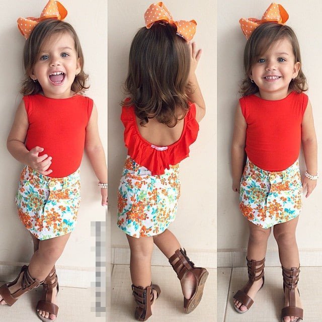 Set tricou rosu cu volanas si fusta cu floricele Drool (Marime: 150)