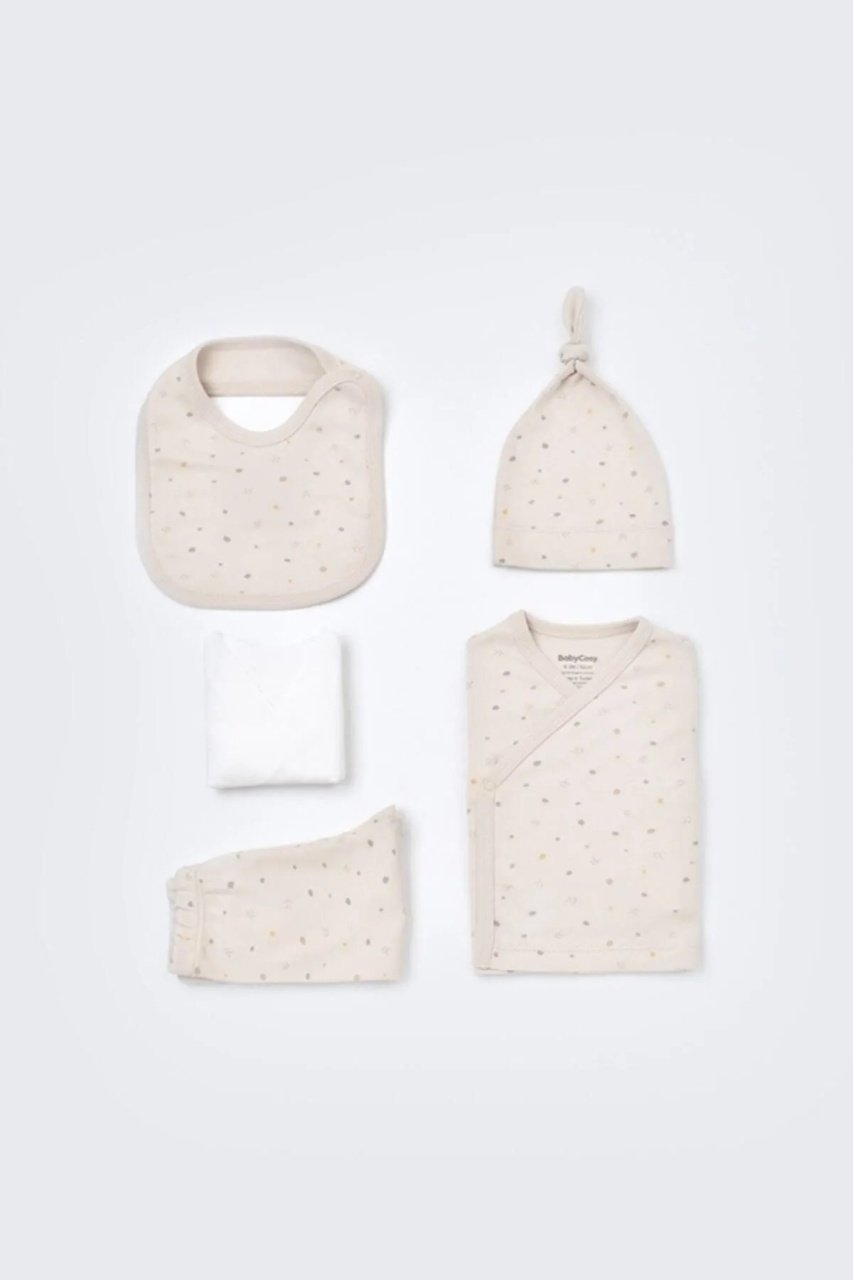 Set 5 piese pentru nou nascut - 100% bumbac organic - Crem cu buline