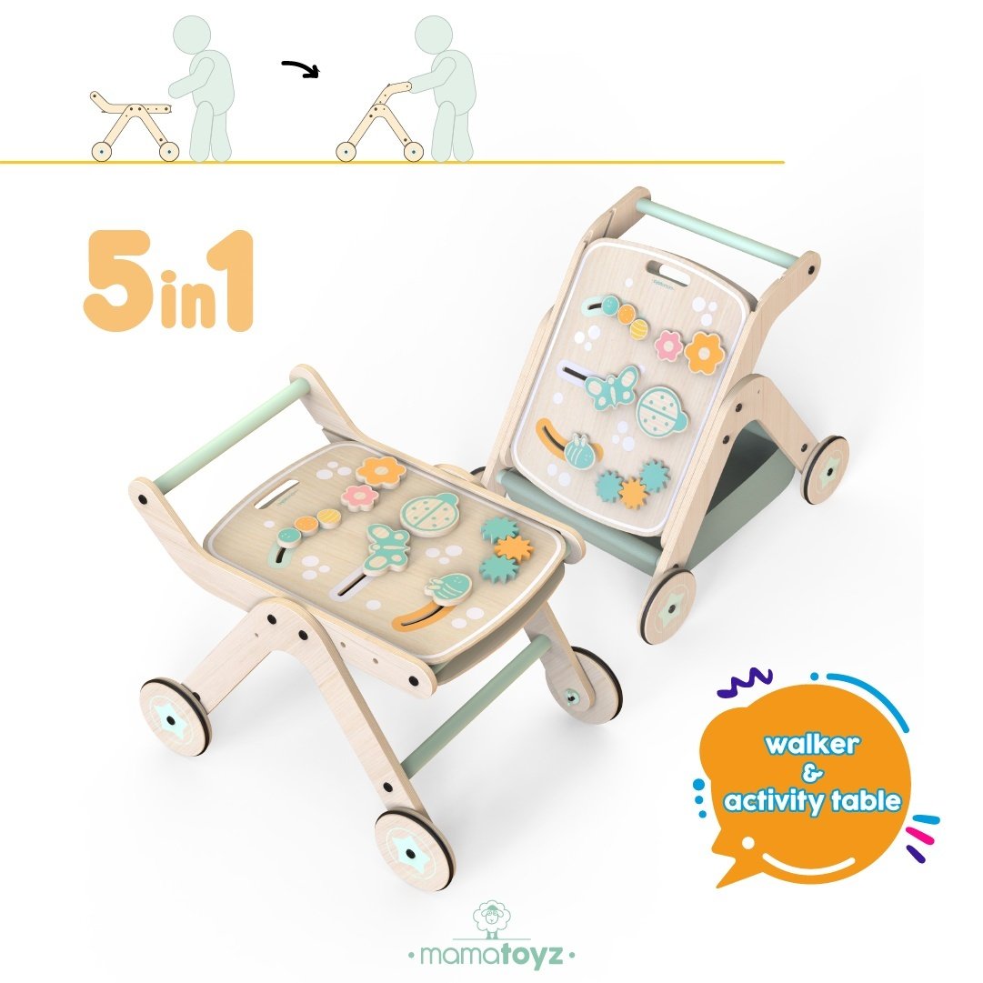 Antepremergator model CITY din lemn 5 in 1 MamaToyz cu masuta de activitati
